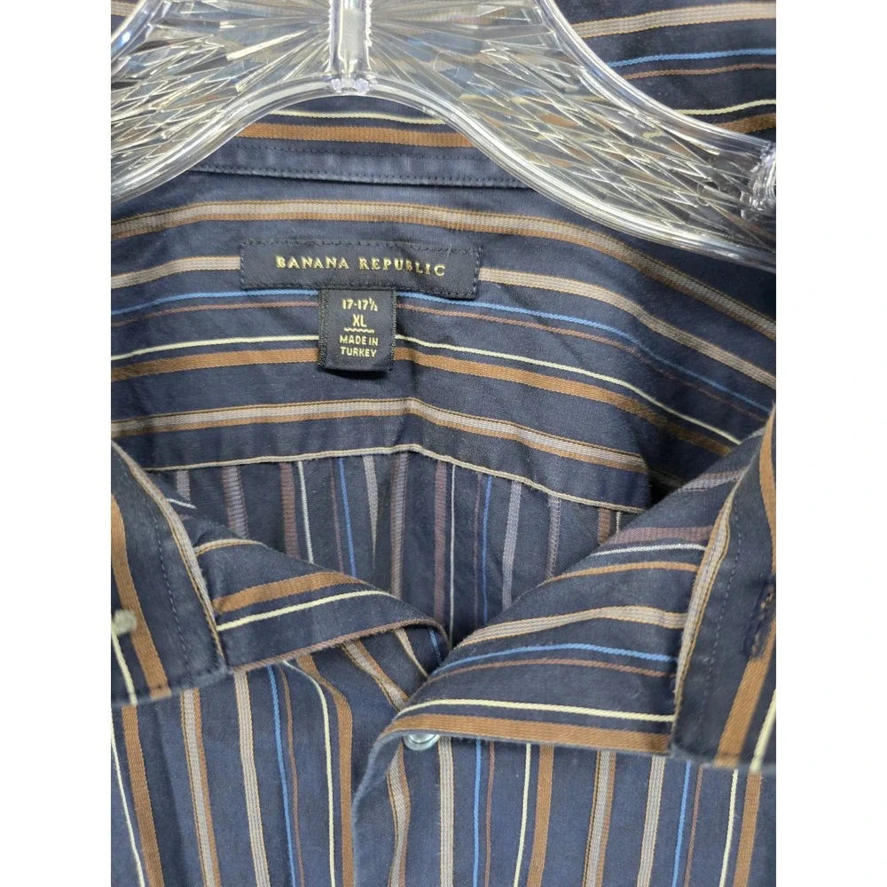Banana Republic Mens XL Stripe Button Down Shirt Navy Blue Brown Long Sleeve